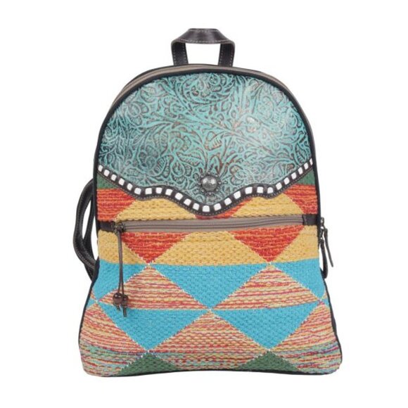 Myra Bag Accented Hues Western Tooled Turquoise Leather Woven Rug Backpack NWT main image 5